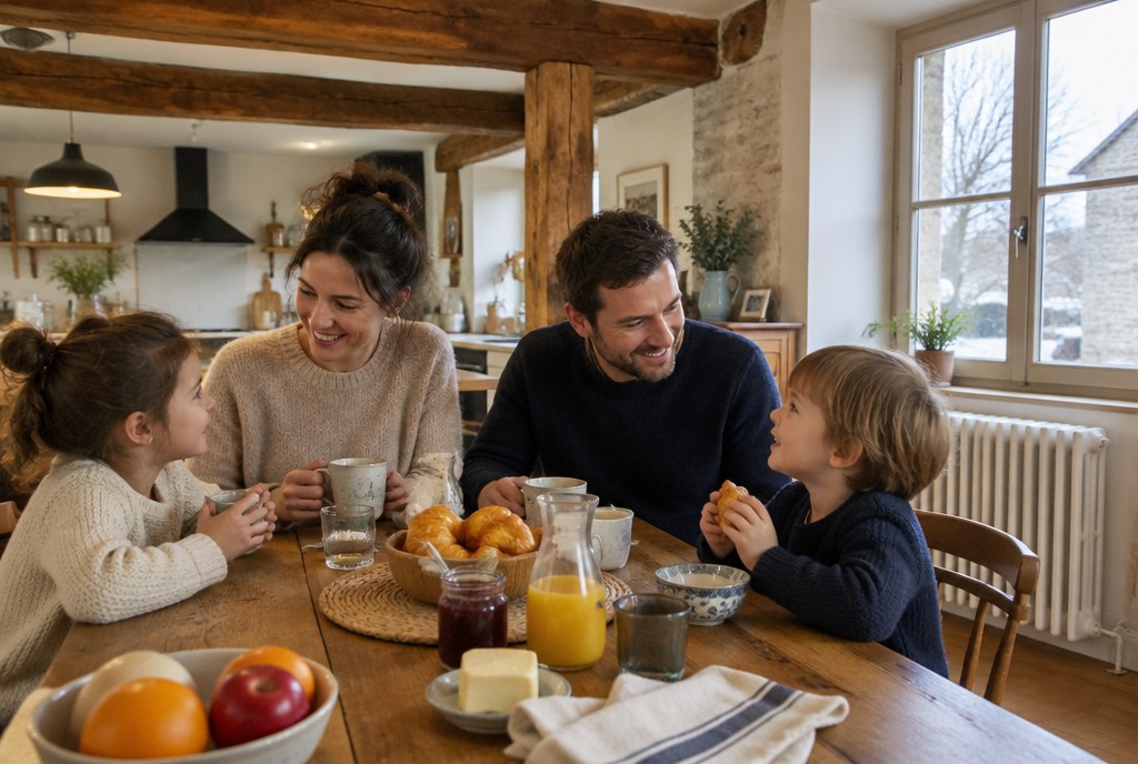 Une famille au chaud dans sa cuisine