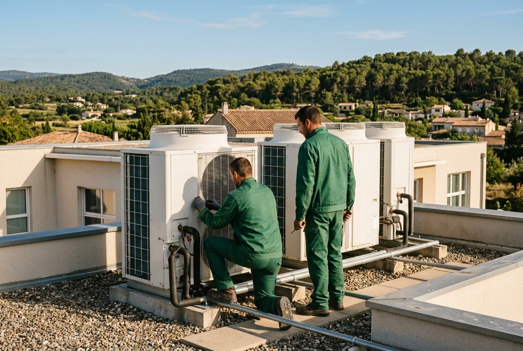 Deux techniciens en tenue verte contrôlent des pompes à chaleur air/eau installées sur le toit d'un bâtiment de bureaux
